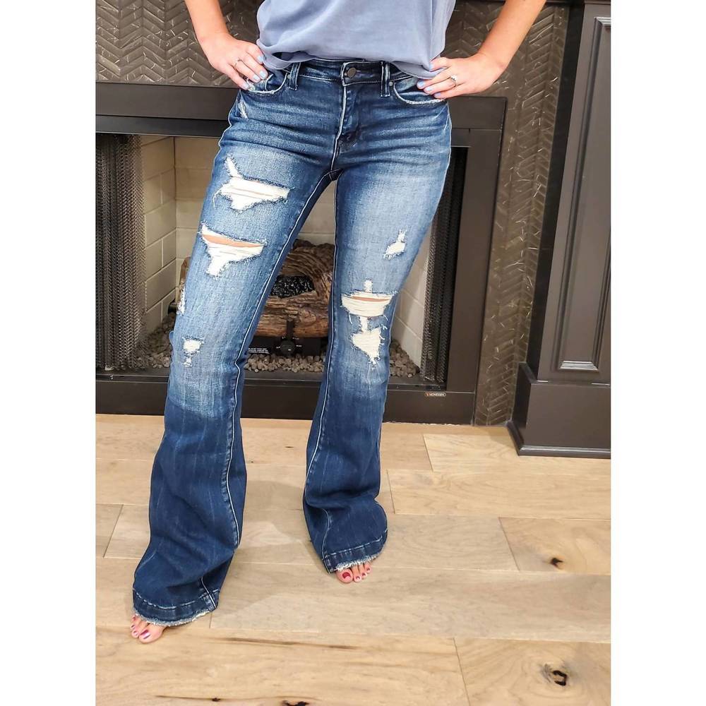 NEW PETRA153 destroyed mid rise stretch flare with trouser hem in blue